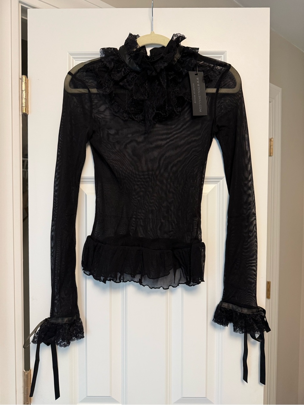 Sheer Black Ruffle-Trim Long Sleeve Top